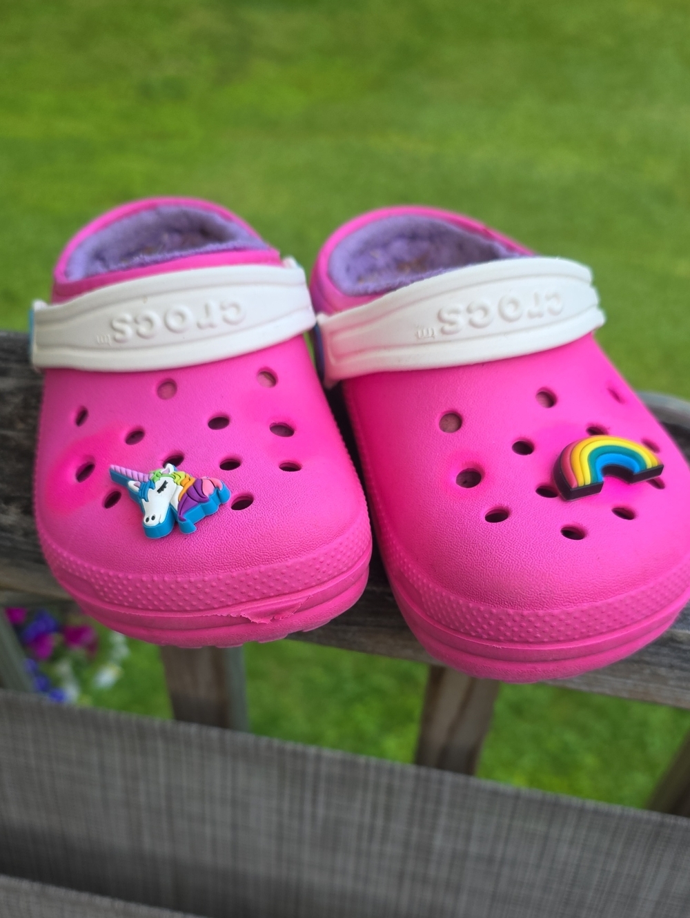 CROCS Clog Pink with Fuzzy Purple Liner And Rainbow Unicorn Jibbitz